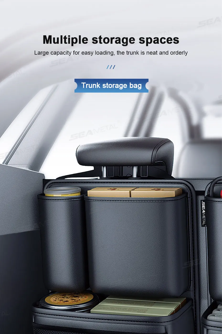 SEAMETAL Leatherette Car Trunk Organizer Large Capacity Seat Back Storage Bag with 4 Pockets Multifunction Use for Car Trunk SUV