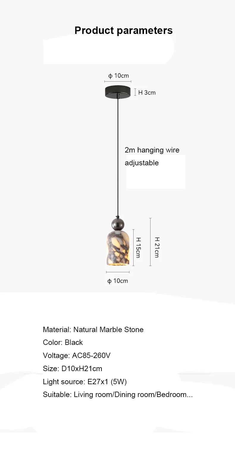 Luxury Black Metal Natural Marble Pendant Light Fixture E27 Mini Hanging Lamp for Bedroom Bedside Dining Room Decor