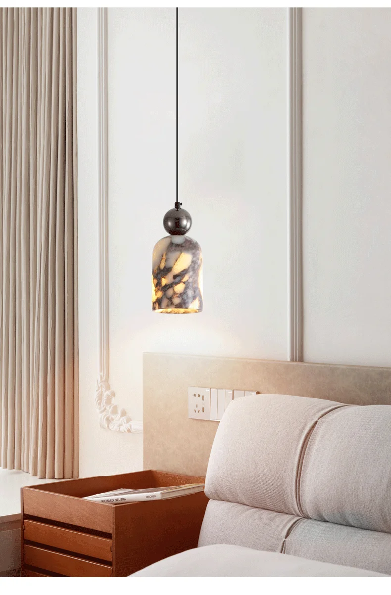 Luxury Black Metal Natural Marble Pendant Light Fixture E27 Mini Hanging Lamp for Bedroom Bedside Dining Room Decor