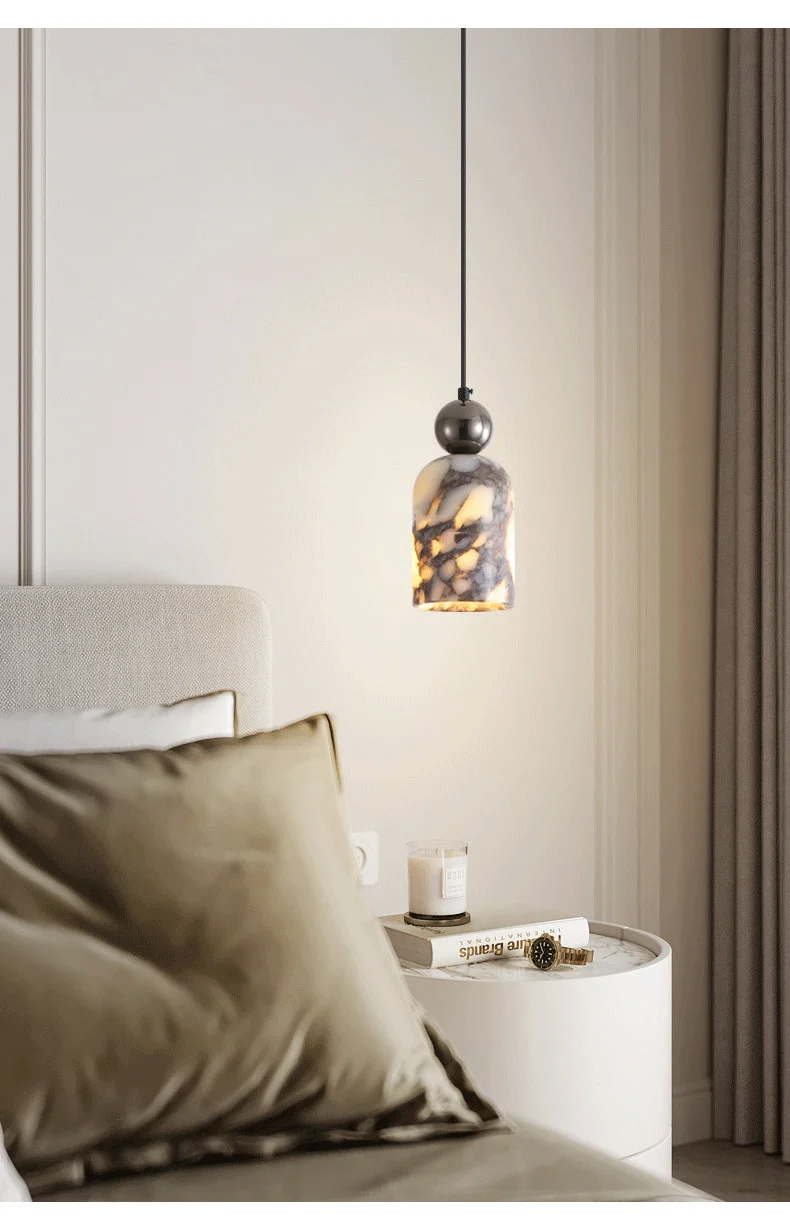 Luxury Black Metal Natural Marble Pendant Light Fixture E27 Mini Hanging Lamp for Bedroom Bedside Dining Room Decor