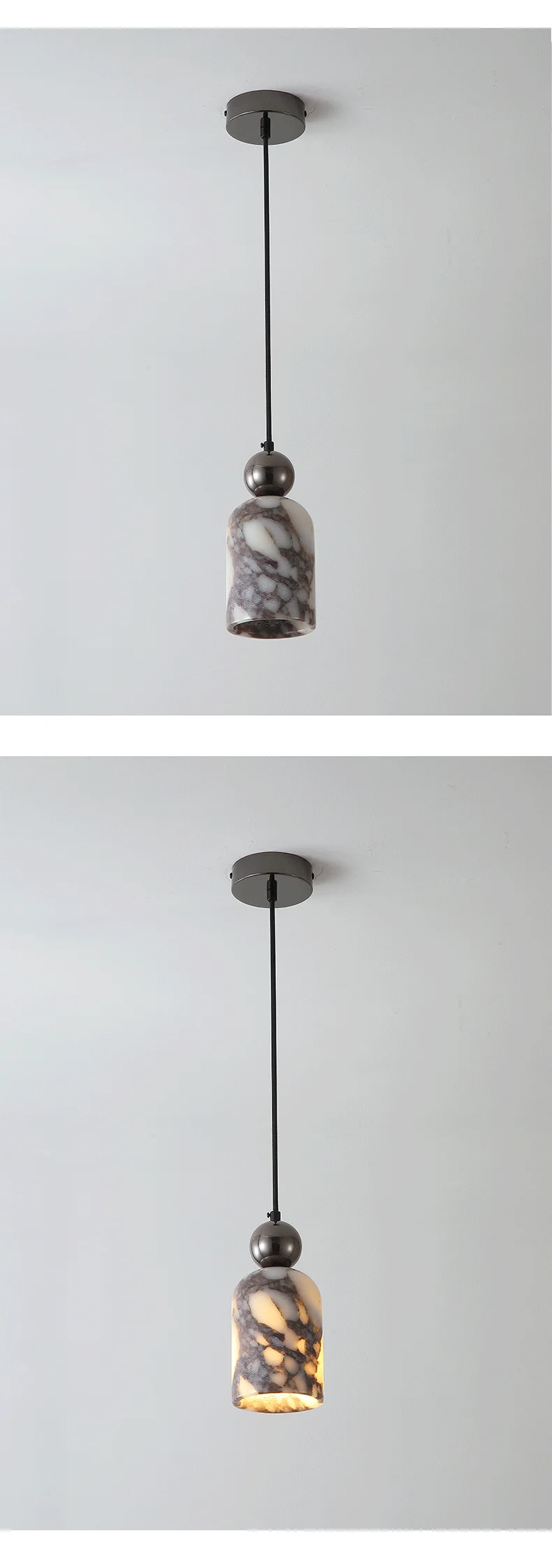 Luxury Black Metal Natural Marble Pendant Light Fixture E27 Mini Hanging Lamp for Bedroom Bedside Dining Room Decor