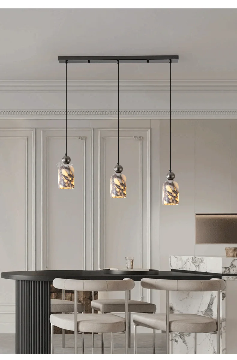 Luxury Black Metal Natural Marble Pendant Light Fixture E27 Mini Hanging Lamp for Bedroom Bedside Dining Room Decor