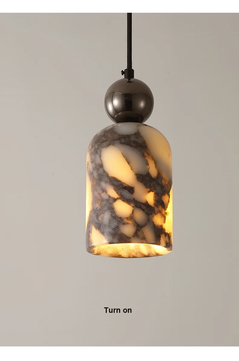 Luxury Black Metal Natural Marble Pendant Light Fixture E27 Mini Hanging Lamp for Bedroom Bedside Dining Room Decor
