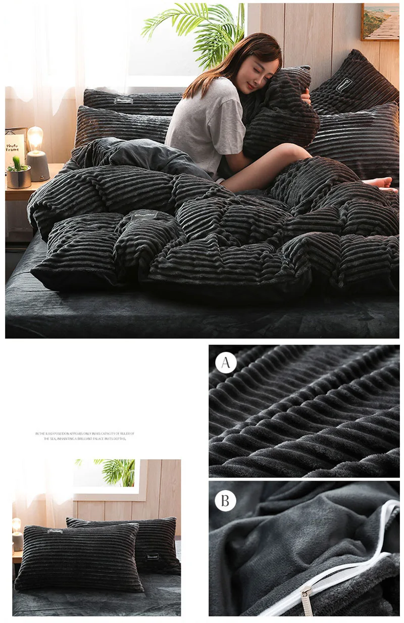 Thick Coral Velvet Striped Quilt Cover Set Soft Flannel Warm Comforter Sets for Autumn Winter Solid Duvet Cover with Pillowcase