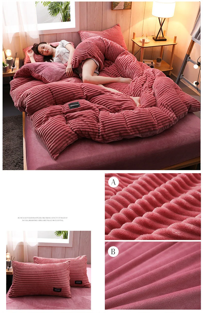 Thick Coral Velvet Striped Quilt Cover Set Soft Flannel Warm Comforter Sets for Autumn Winter Solid Duvet Cover with Pillowcase