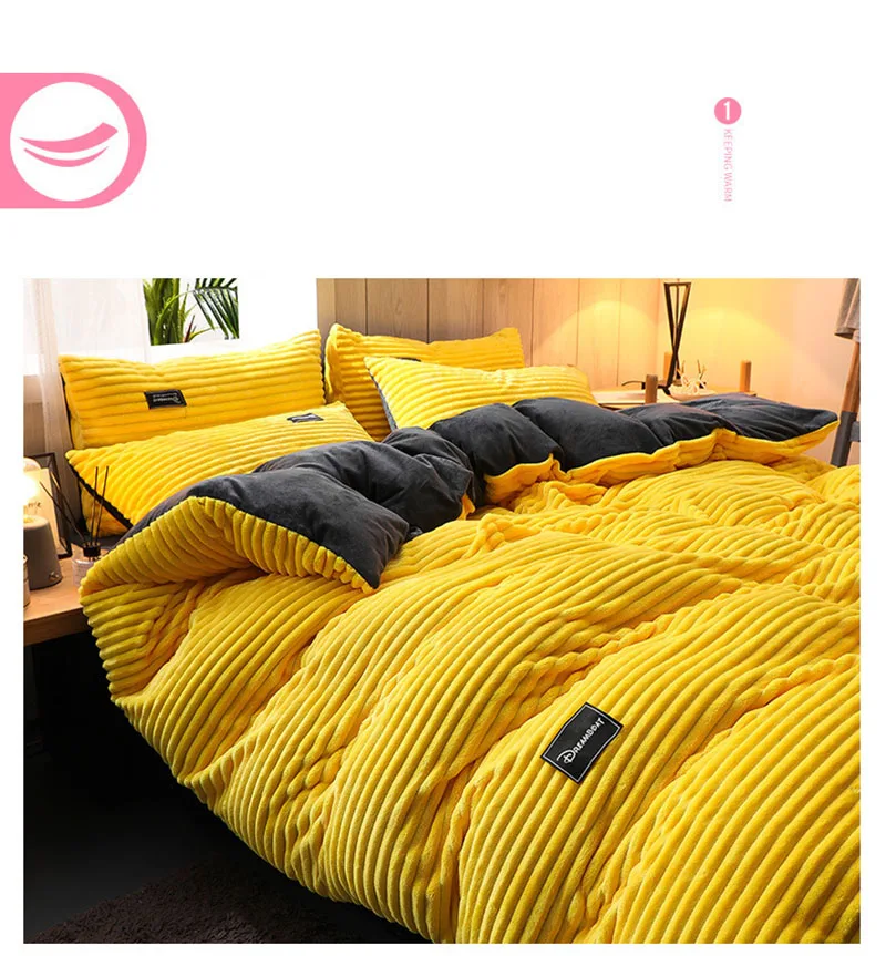 Thick Coral Velvet Striped Quilt Cover Set Soft Flannel Warm Comforter Sets for Autumn Winter Solid Duvet Cover with Pillowcase
