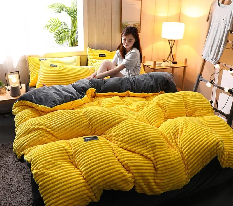 Thick Coral Velvet Striped Quilt Cover Set Soft Flannel Warm Comforter Sets for Autumn Winter Solid Duvet Cover with Pillowcase