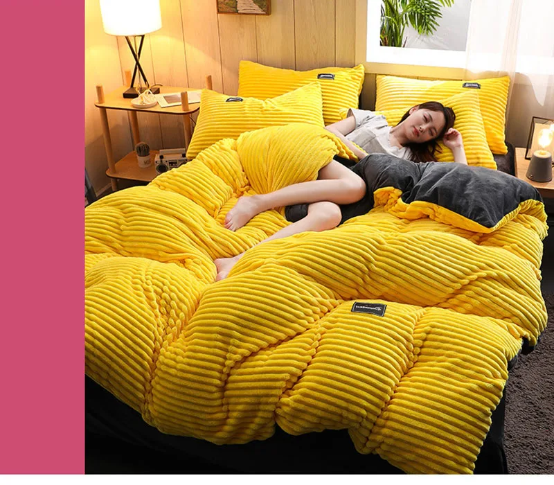 Thick Coral Velvet Striped Quilt Cover Set Soft Flannel Warm Comforter Sets for Autumn Winter Solid Duvet Cover with Pillowcase