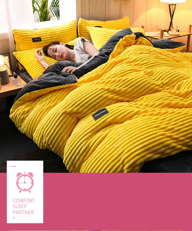 Thick Coral Velvet Striped Quilt Cover Set Soft Flannel Warm Comforter Sets for Autumn Winter Solid Duvet Cover with Pillowcase