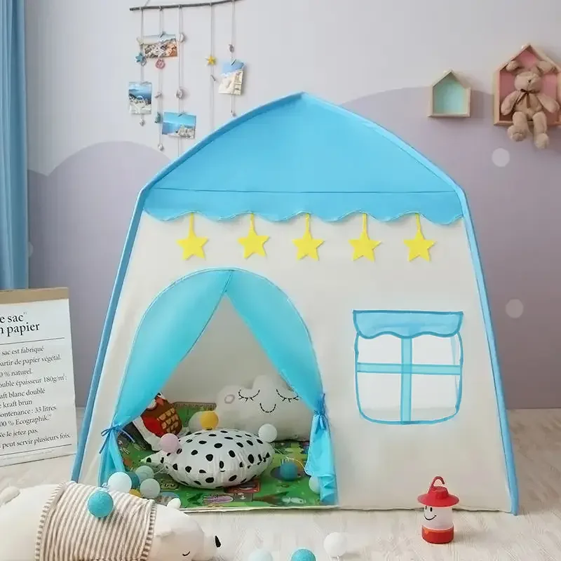 [Outdoor Recreation] Children's Party Game Tent, Blue Playhouse Toy with Yellow Star Design, Princess Girls' Fairy Tale Toy Castle, Beach Tent, Holiday Gift for Boys and Girls, Christmas Gift, Accessories Not Included