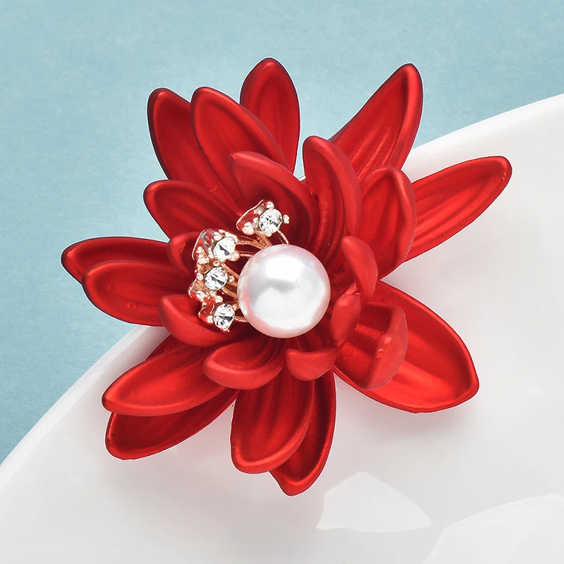 Wuli&baby Red Soft-paint Lotus Flowers Brooches Pins For Women Unisex Pretty New Year Christmas Brooch Gifts