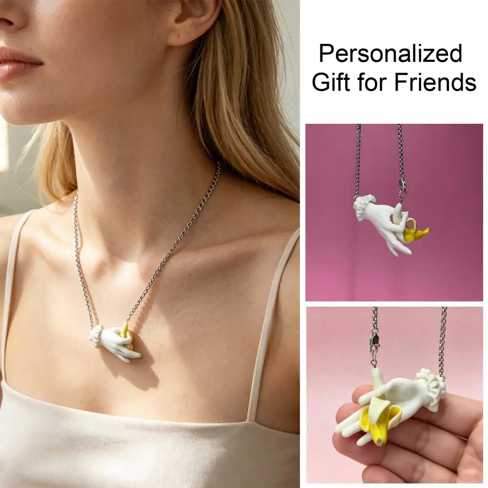 Funny Banana Pendant Necklace Resin Hand-Sculpted Banana Necklace Cute Lifelike Fruit Necklace Jewelry Creative Gift