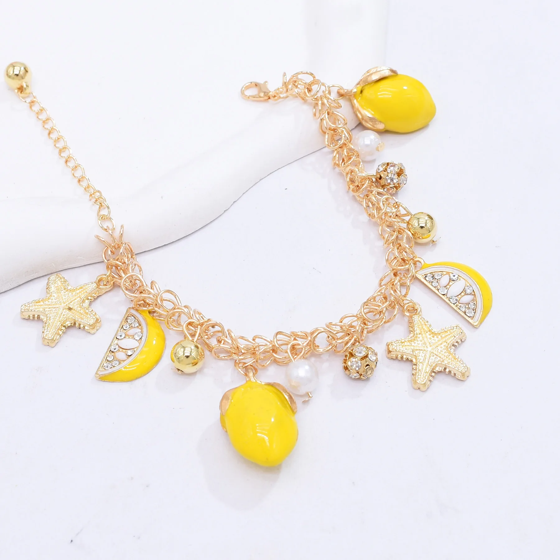 Alloy Yellow Drop Oil Starfish Lemon Pendant Bracelet Super Cute Ball Pearl Tassel Girl's Bracelets Summer Beach Party Jewelry
