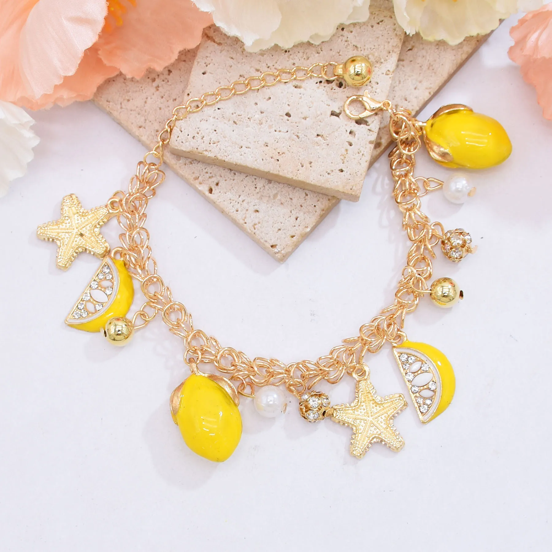Alloy Yellow Drop Oil Starfish Lemon Pendant Bracelet Super Cute Ball Pearl Tassel Girl's Bracelets Summer Beach Party Jewelry