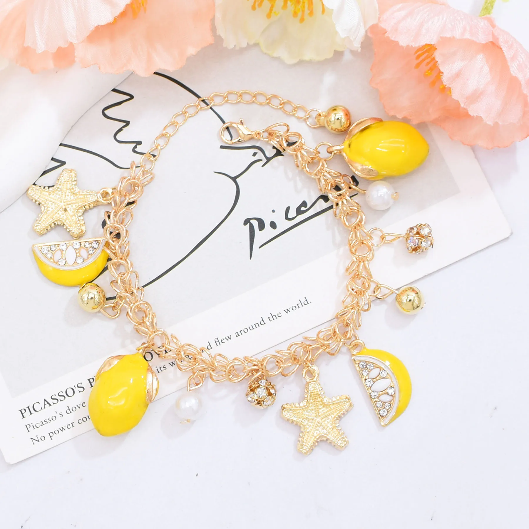 Alloy Yellow Drop Oil Starfish Lemon Pendant Bracelet Super Cute Ball Pearl Tassel Girl's Bracelets Summer Beach Party Jewelry