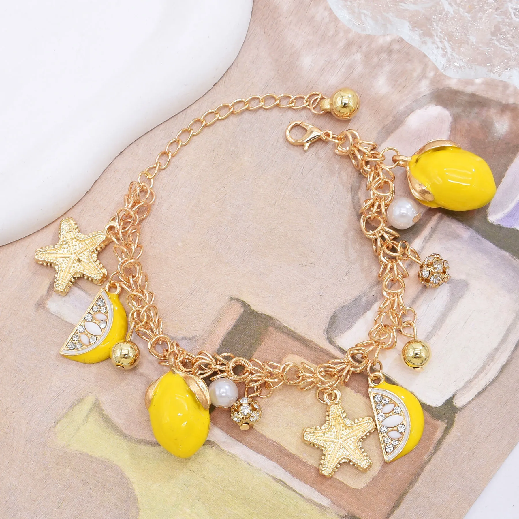 Alloy Yellow Drop Oil Starfish Lemon Pendant Bracelet Super Cute Ball Pearl Tassel Girl's Bracelets Summer Beach Party Jewelry