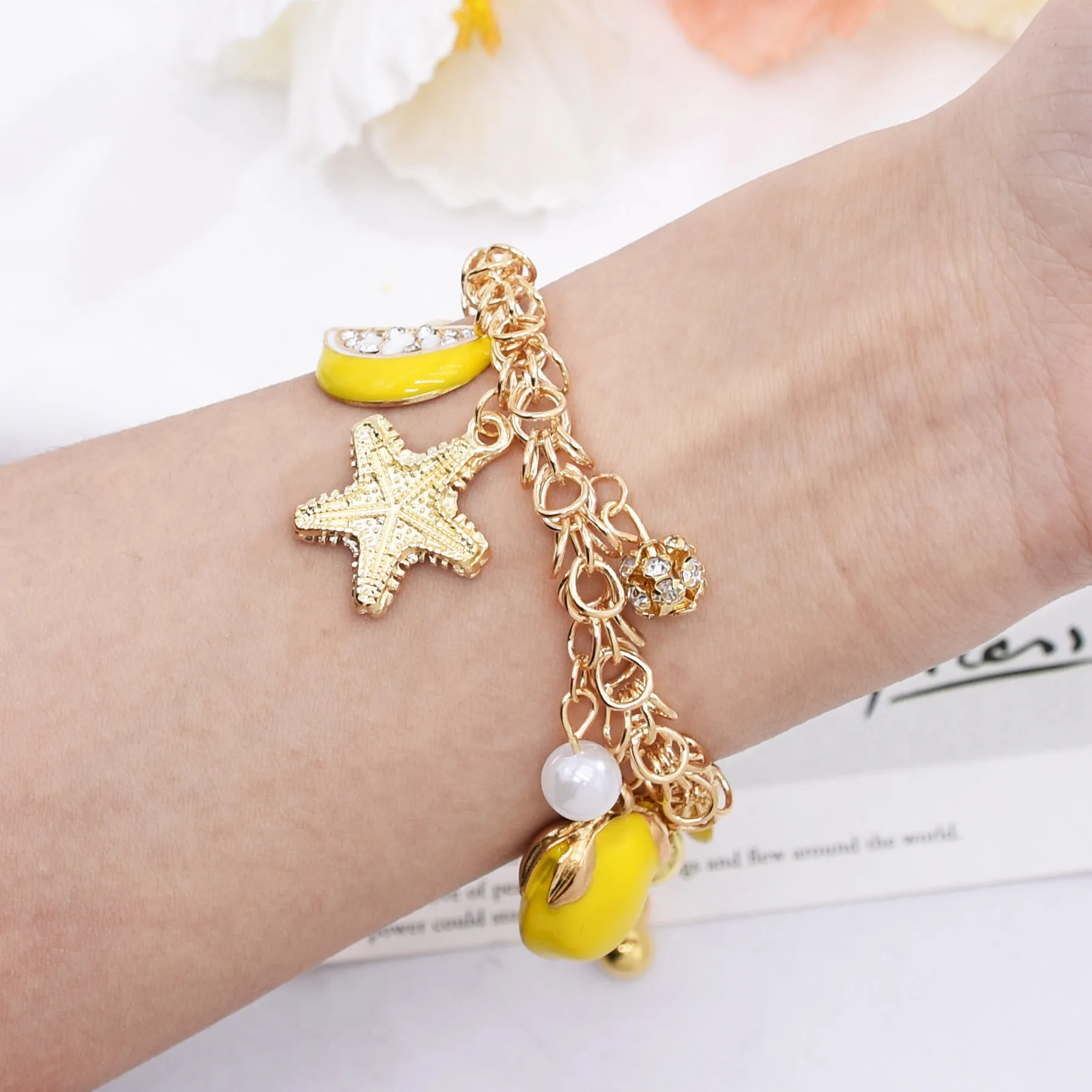 Alloy Yellow Drop Oil Starfish Lemon Pendant Bracelet Super Cute Ball Pearl Tassel Girl's Bracelets Summer Beach Party Jewelry