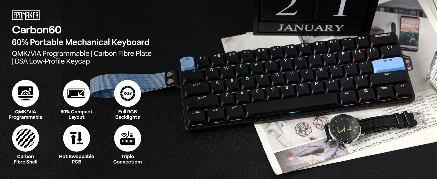 EPOMAKER Carbon60 60% QMK/VIA ANSI VIA Wired/Bluetooth 5.0/2.4GHz Wireless Portable Mechanical Keyboard Carbon Fiber Case
