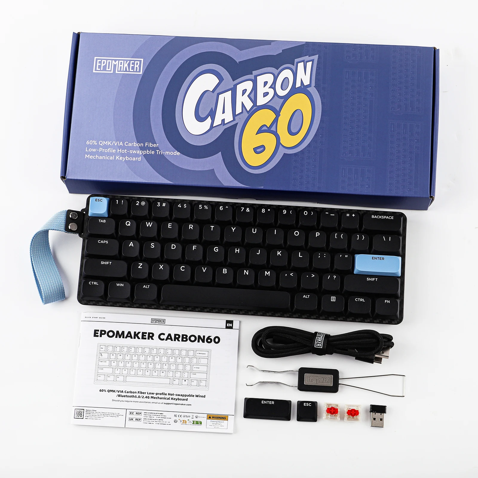 EPOMAKER Carbon60 60% QMK/VIA ANSI VIA Wired/Bluetooth 5.0/2.4GHz Wireless Portable Mechanical Keyboard Carbon Fiber Case
