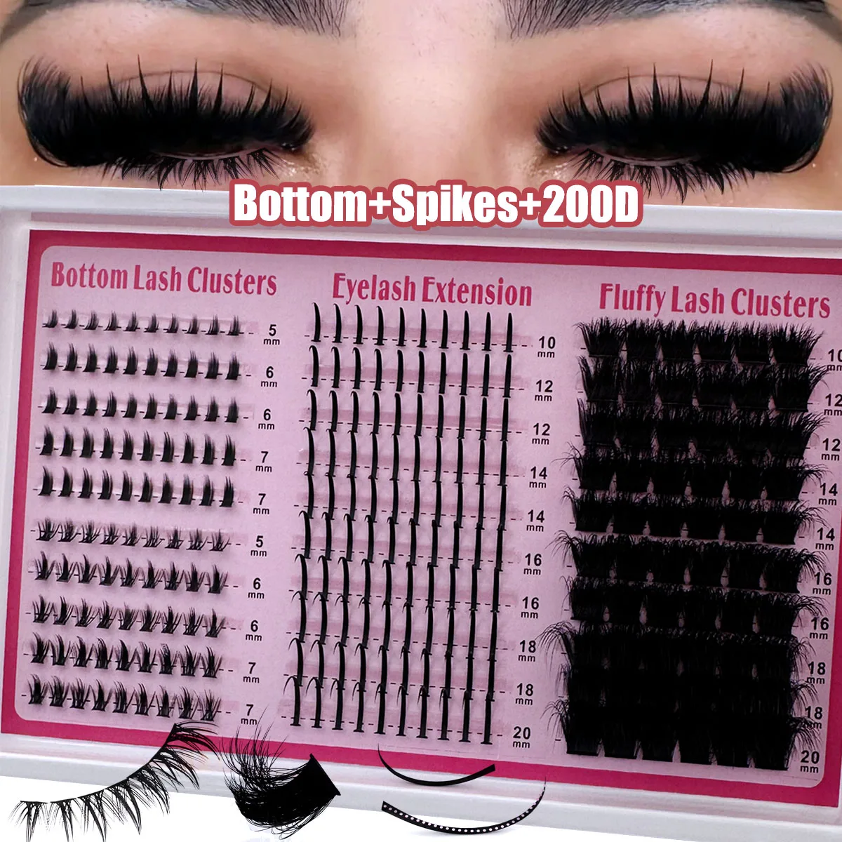 200D-60D 4 IN 1 Lash Clusters Long 6-20mm Lash Spikes Lower Eyelashes Reusable Bottom DIY Spiky Lash Extension Manga Clusters