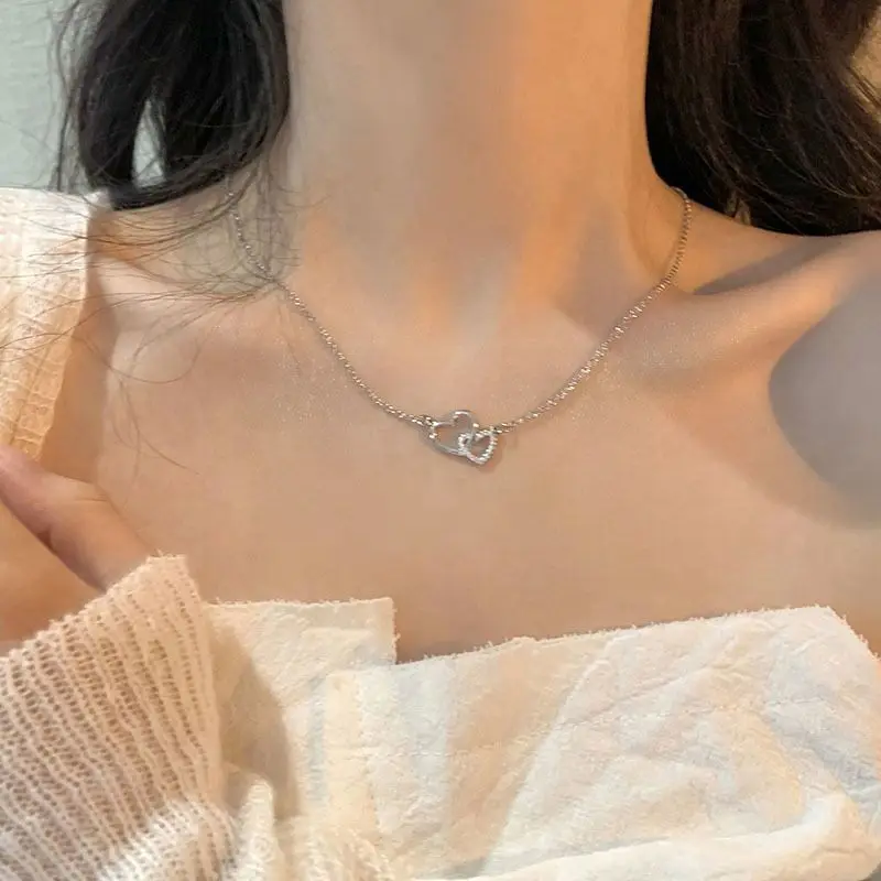 New Fashion Simple Silver Color Love Heart Pendant Necklace Charm Chain Collares Necklace for Women Party Jewelry Daily Wear