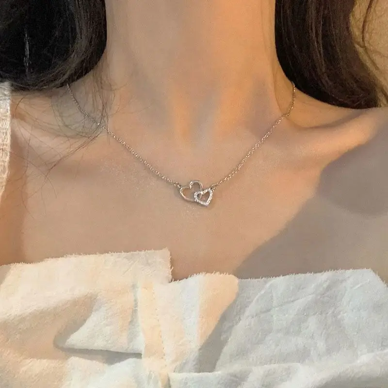 New Fashion Simple Silver Color Love Heart Pendant Necklace Charm Chain Collares Necklace for Women Party Jewelry Daily Wear