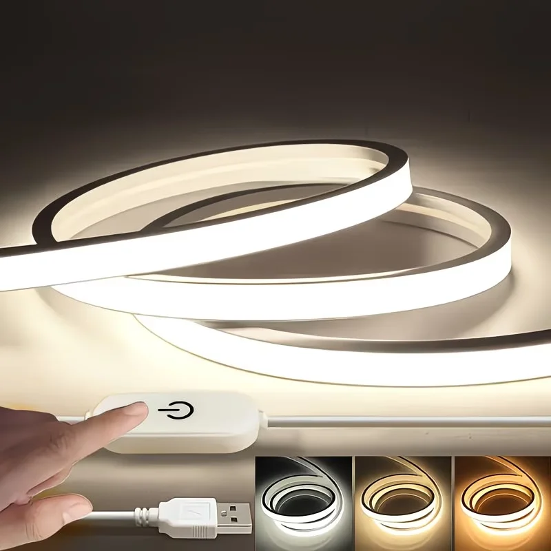 1M/2M/3M/4M/5M 1-Roll Dimmable Cob Neon Light, Low Voltage 5V USB Powered, Touch Sensor Switch, Touch Switch with Adjustable Light Brightness, White Light/Warm Light/Neutral Light, for Space-Themed Decor, Cabinet Tv Ceiling Lighting, Live Streaming Fill Light, Mirror Fill Light, Etc