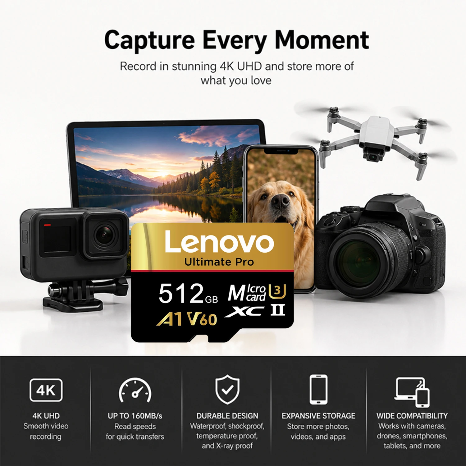 Lenovo SD Memory Card 512GB 256GB 128GB 64GB High Speed Micro SD Card V60 U3 TF Flash Cards 4K HD Waterproof for Phone/Tablet