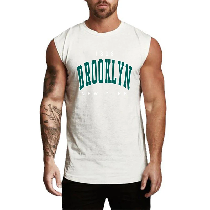 100% Pure Cotton Men's Summer Fashion Leisure Sports Fitness Loose Cartoon Print Breathable Round Neck Sleeveless Vest