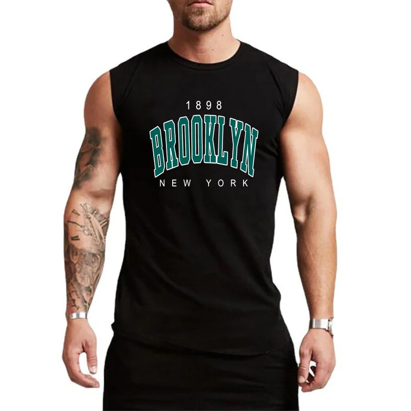 100% Pure Cotton Men's Summer Fashion Leisure Sports Fitness Loose Cartoon Print Breathable Round Neck Sleeveless Vest