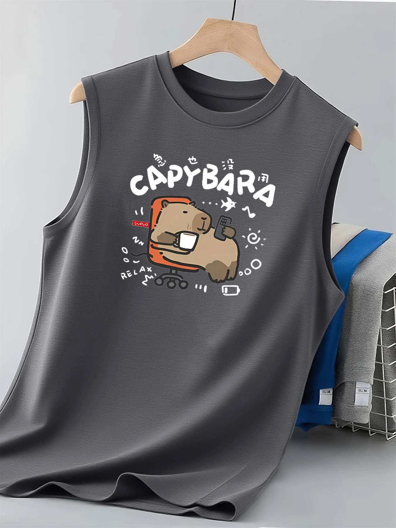 100% Pure Cotton Men's Summer Fashion Leisure Sports Fitness Loose Cartoon Print Breathable Round Neck Sleeveless Vest