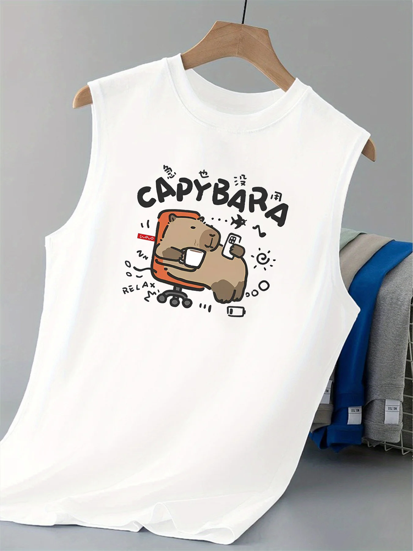100% Pure Cotton Men's Summer Fashion Leisure Sports Fitness Loose Cartoon Print Breathable Round Neck Sleeveless Vest