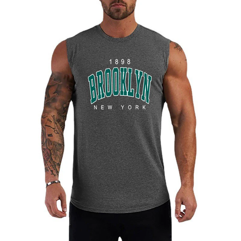 100% Pure Cotton Men's Summer Fashion Leisure Sports Fitness Loose Cartoon Print Breathable Round Neck Sleeveless Vest