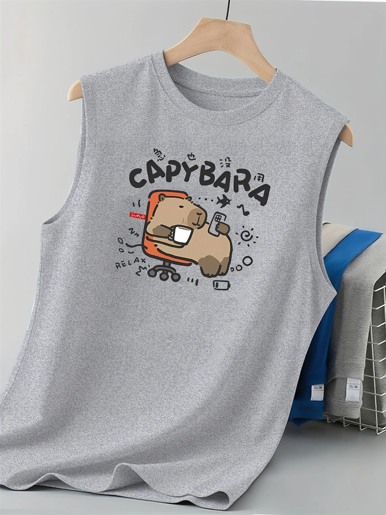 100% Pure Cotton Men's Summer Fashion Leisure Sports Fitness Loose Cartoon Print Breathable Round Neck Sleeveless Vest