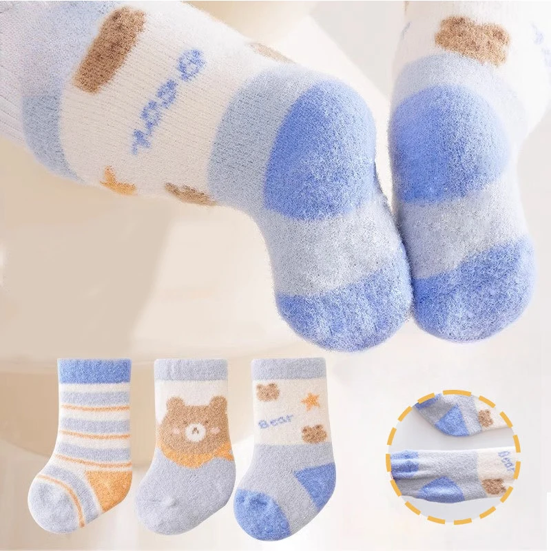 3 Pairs Winter Thicken Baby Socks Cute Rabbit Bear Plush Middle Tube Socks For Newborn Warm Boy Girl Long Socks