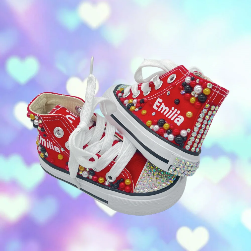 Dollbling Shinny Sparkly Crystal Rhinestone Red Christmas Canvas Shoes Wedding Bridal Flower Girl First Communion Sneakers