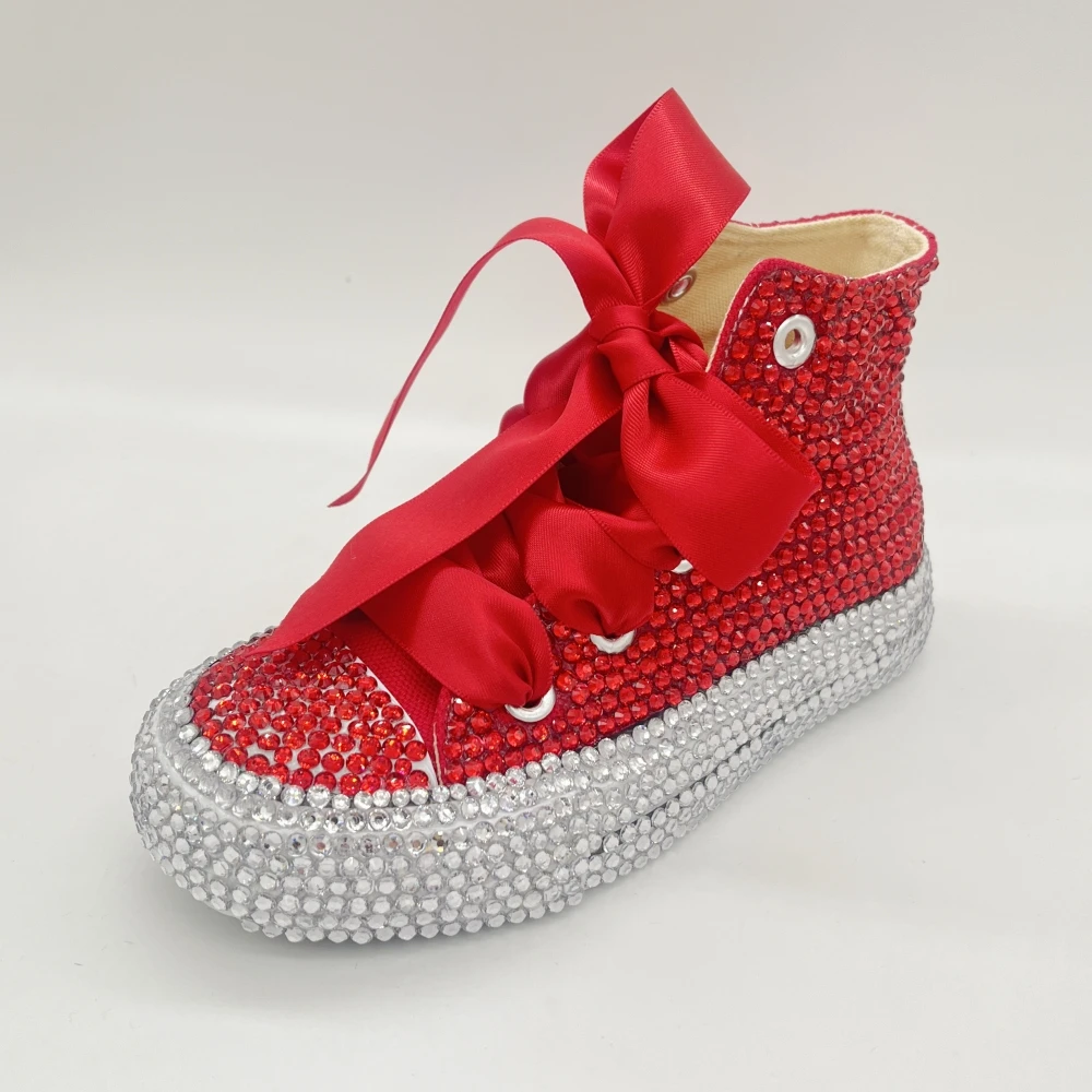Dollbling Shinny Sparkly Crystal Rhinestone Red Christmas Canvas Shoes Wedding Bridal Flower Girl First Communion Sneakers