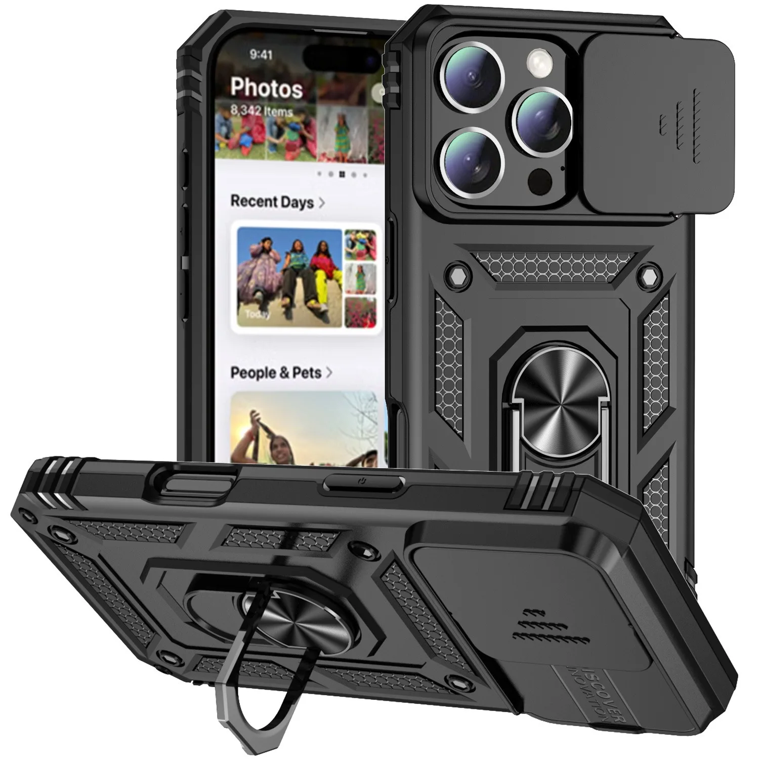 Ring Stand Rotating Slide Camera Lens Military Grade Armor Case for iPhone 17 16 E 14 13 12 11 15 Pro Max Plus Mini Cover
