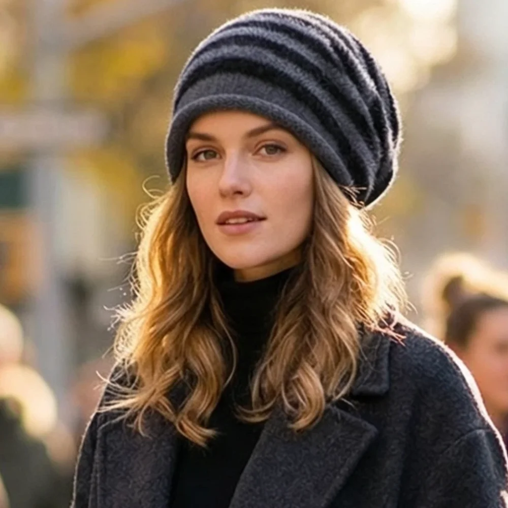 Hot Sale Fashion Woman Slouchy Beanie Casual Stripe Design Y2K Winter Hats For Female
