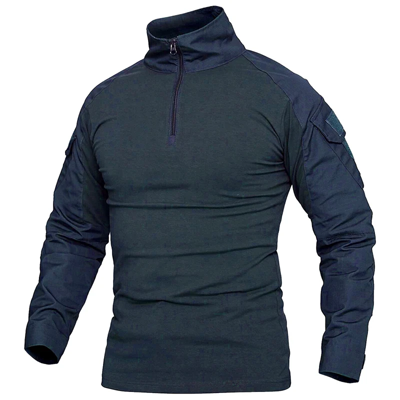 Men's Long Sleeve Combat Shirt 1/4 Zipper Ripstop Cotton Tactical Shirts Navy Blue Camoufalge Airsoft T Shirts