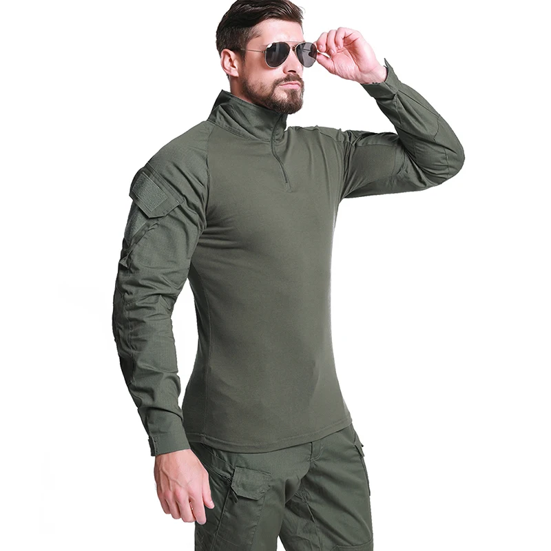 Men's Long Sleeve Combat Shirt 1/4 Zipper Ripstop Cotton Tactical Shirts Navy Blue Camoufalge Airsoft T Shirts