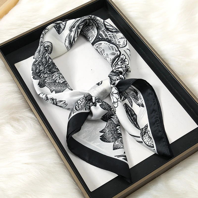 Luxury Print Satin Silk Square Scarf for Women Shawl Hijab Neckerchief Female Hair Ribbon Headband Fashion Wrap Bandana 2023 New
