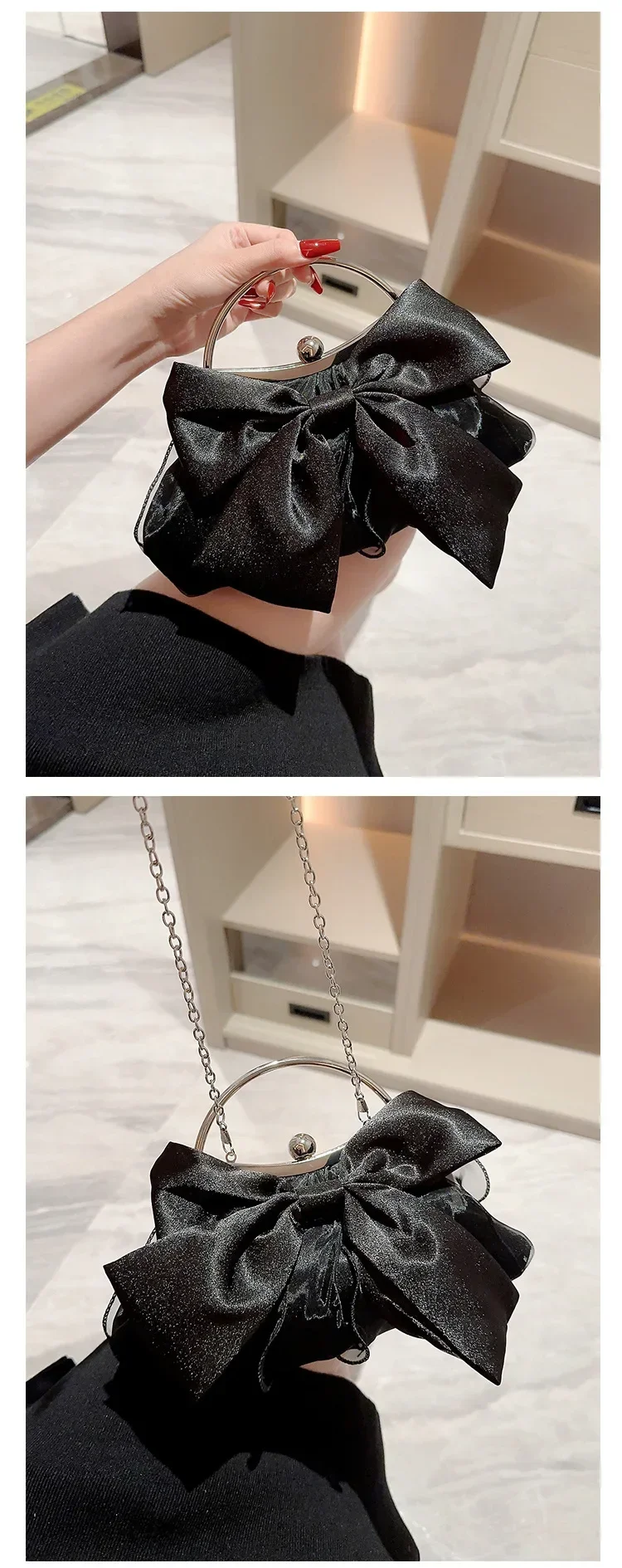 White Satin Bow Fairy Evening Bags Clutch Metal Handle Handbags for Women Wedding Party Bridal Clutches Purse Chain Shoulder Bag