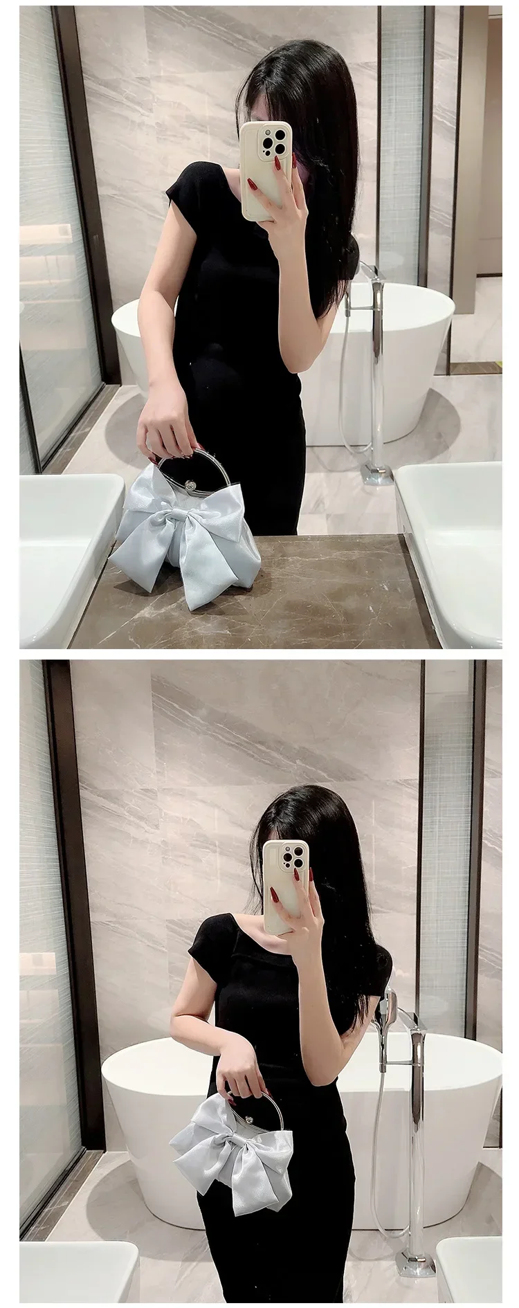 White Satin Bow Fairy Evening Bags Clutch Metal Handle Handbags for Women Wedding Party Bridal Clutches Purse Chain Shoulder Bag