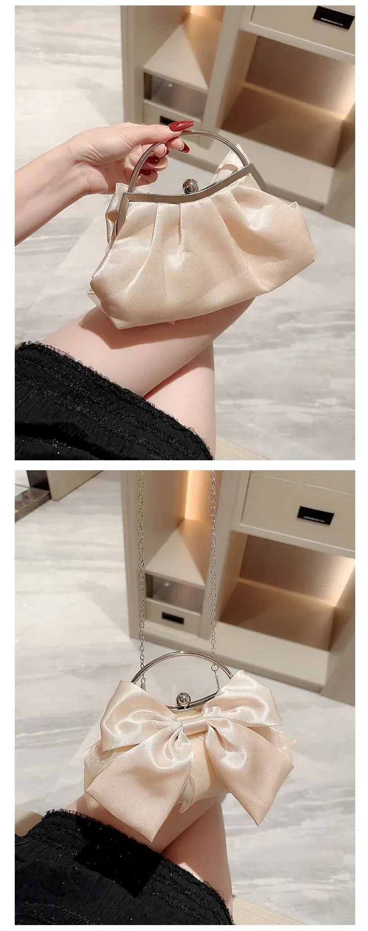 White Satin Bow Fairy Evening Bags Clutch Metal Handle Handbags for Women Wedding Party Bridal Clutches Purse Chain Shoulder Bag