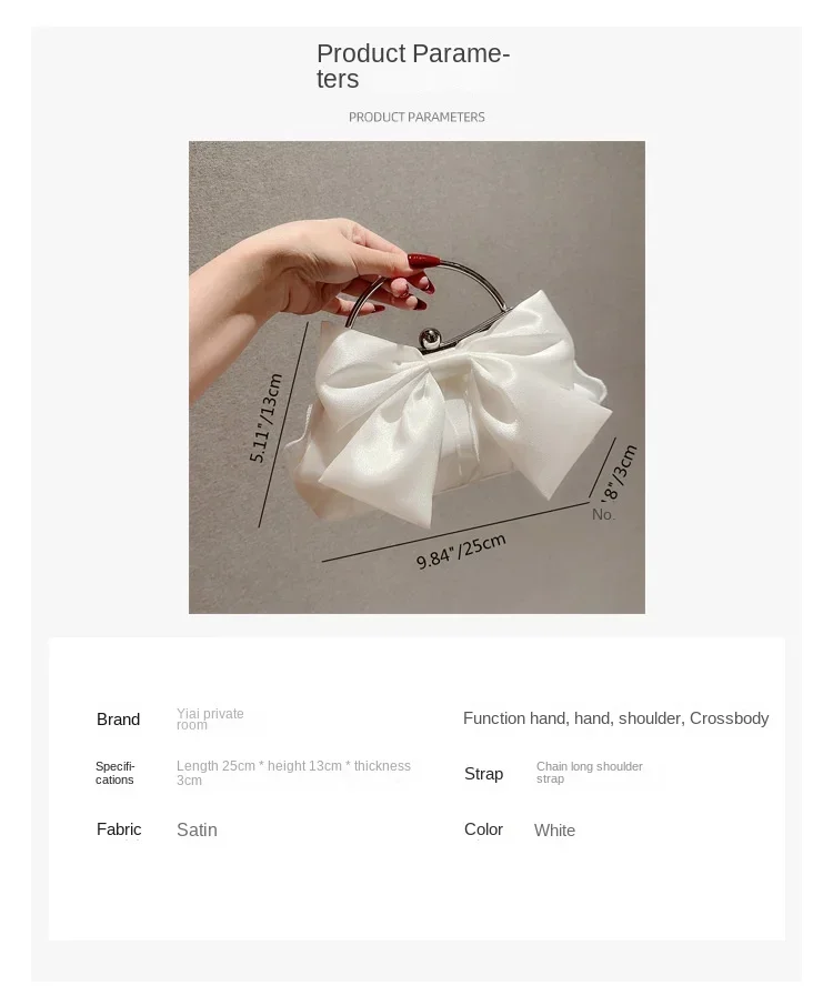 White Satin Bow Fairy Evening Bags Clutch Metal Handle Handbags for Women Wedding Party Bridal Clutches Purse Chain Shoulder Bag