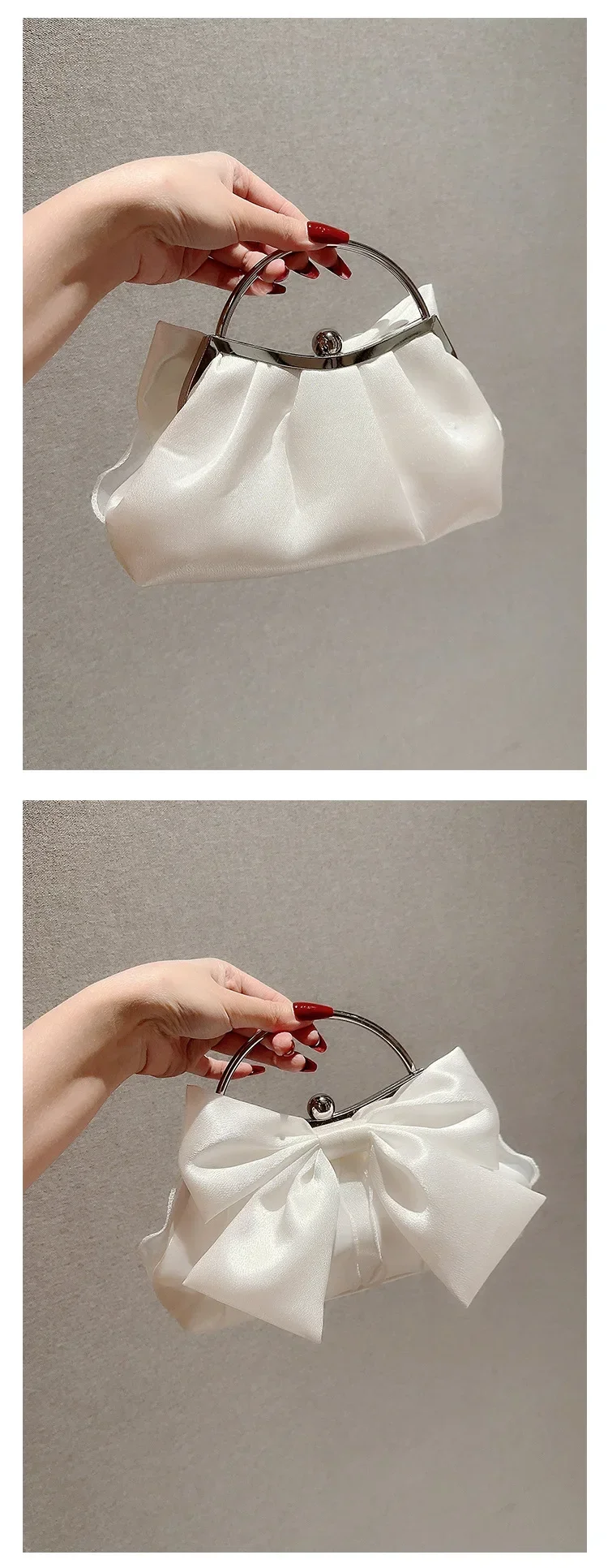 White Satin Bow Fairy Evening Bags Clutch Metal Handle Handbags for Women Wedding Party Bridal Clutches Purse Chain Shoulder Bag