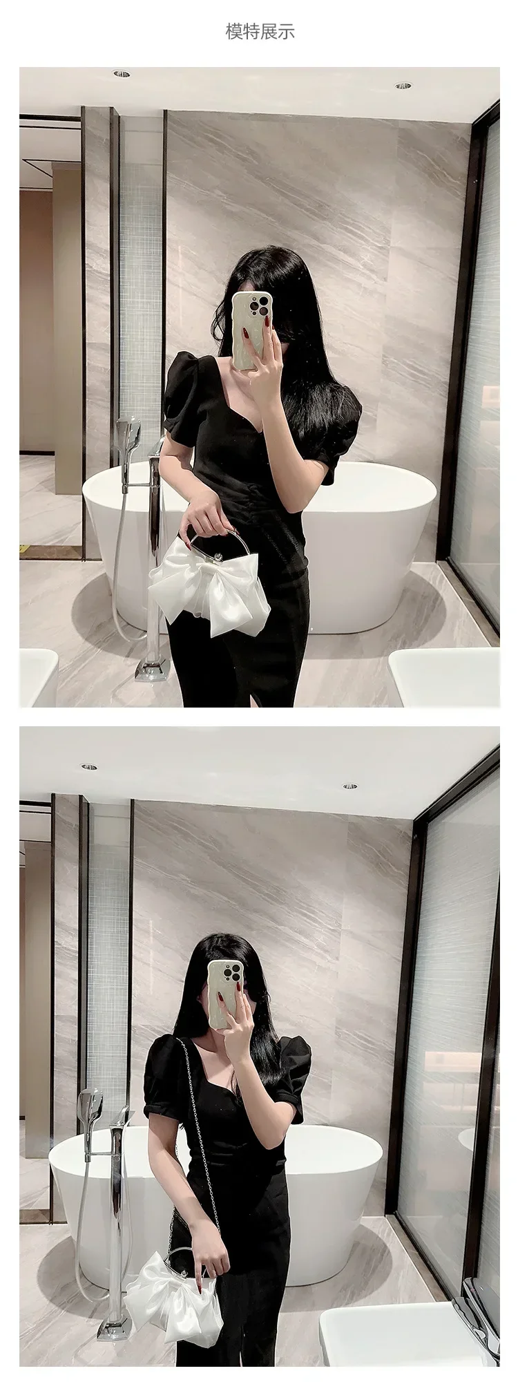 White Satin Bow Fairy Evening Bags Clutch Metal Handle Handbags for Women Wedding Party Bridal Clutches Purse Chain Shoulder Bag