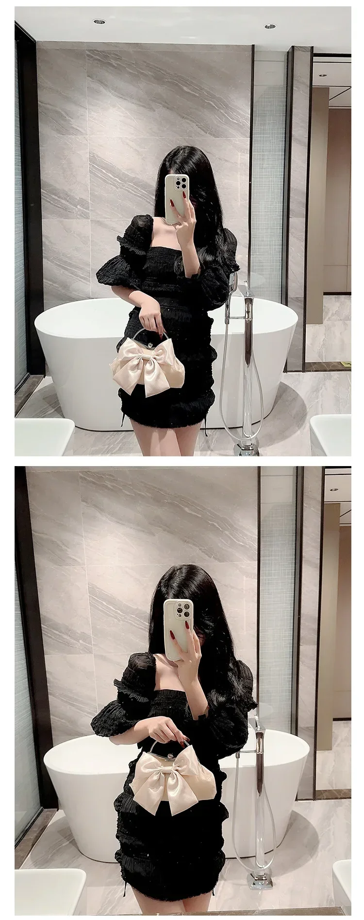 White Satin Bow Fairy Evening Bags Clutch Metal Handle Handbags for Women Wedding Party Bridal Clutches Purse Chain Shoulder Bag