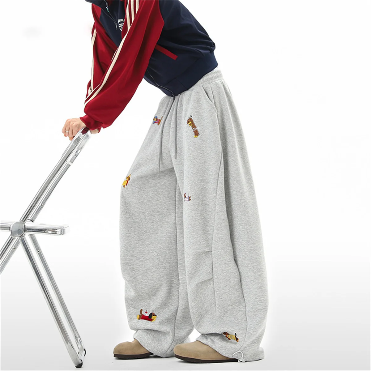 Embroidery Sausage Dog Sweatpants Loose Casual Joggers Wide Leg Couple Streetwear Fun Fashion Comfortable Pants Baggy Sweatpants